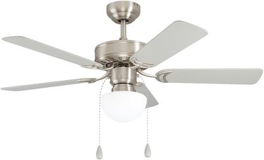 Стеляний вентилятор EGLO CADIZ з 5 лопатями, світлом, ланцюжком, лопаті з МДФ (срібло/дуб), корпус зі сталі (нікель-мат), літньо-зимовий режим, AC двигун, діаметр 106.6 см