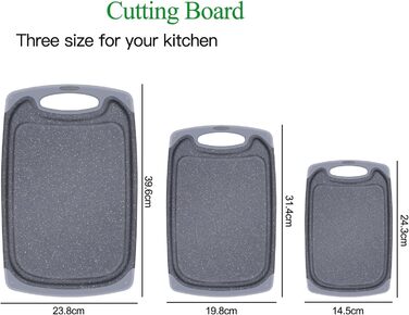 Набір обробних дощок з пластику, 3 шт. з жолобками для соку та антиковзними ручками. Без BPA, придатні для миття в посудомийній машині. Сірий кухонний дошка.