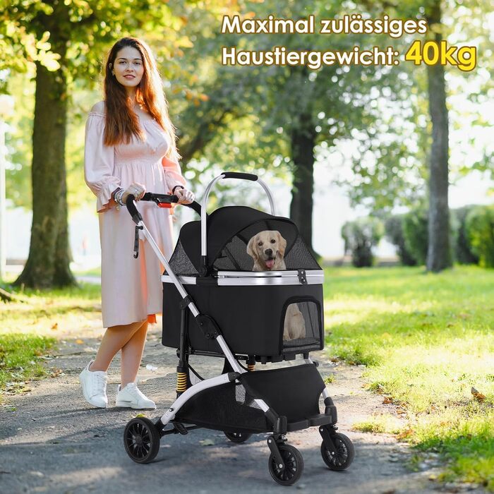 Візок для собак Mamizо 3-в-1: візок, переноска, сумка. До 20 кг, поворотні колеса, кошик, тримач для напоїв, для собак та котів (сріблястий, чорний)