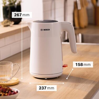 Електричний чайник Bosch MyMoment TWK2M161, 1.7 л, 2400 Вт, білий матовий, з автоматичним відключенням, захистом від перегріву, показом кількості чашок та фільтром від накипу