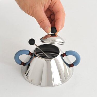 Цукорниця з ложкою Alessi з нержавіючої сталі, з блакитною ручкою і чорною кнопкою, 6.5x10.5x2 см