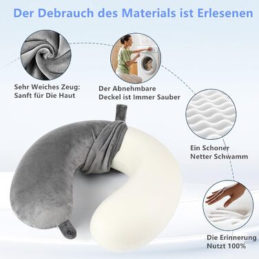 Подушка для шиї у літак/подорожі з Memory Foam - підтримуюча, компактна, легка, сіра