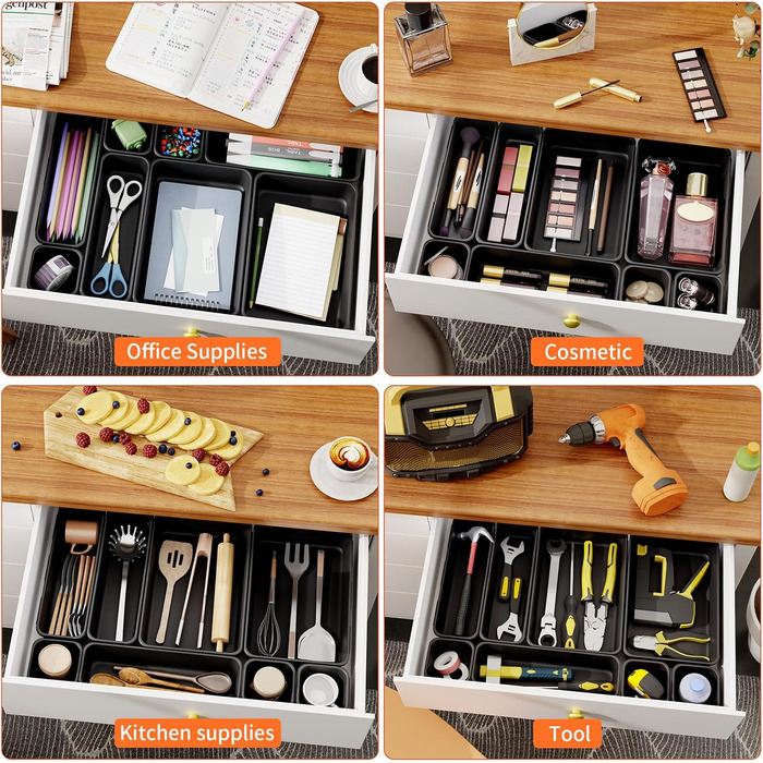 45 Piece Drawer Organizer Set for Office with 3 Sizes, Vanity Makeup Organizer Drawer, Storage Desk Organizer Drawer System for Kitchen, Bedroom, Bathroom, Office, Grey (4 - Sizes, Black (25 Pieces))