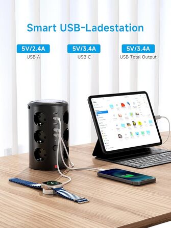 Багаторозеткова мережева панель Pluackg з 5 USB, 12 розеток, захистом від перенапруги, 2м кабелем, чорна