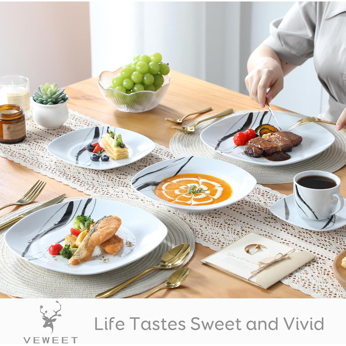 Набір посуду VEWEET FIONA (30 предметів): тарілки та миски для 4 осіб, чорно-сі лінії, для вечері, безпечний у мікрохвильовці та посудомийній машині