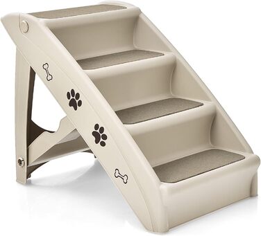 Сходинка для тварин GYMAX з 4 сходинками, розкладні сходи для собак і котів з антиковзкими підкладками, 4 килимки та трикутна структура (Бежевий)