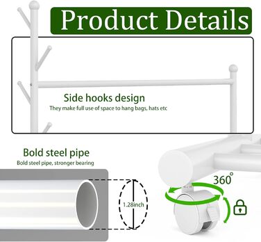 Clothes Rack Clothes Hanger Portable - Rolling Clothes Rack on Wheels With Bottom Shelves (White)