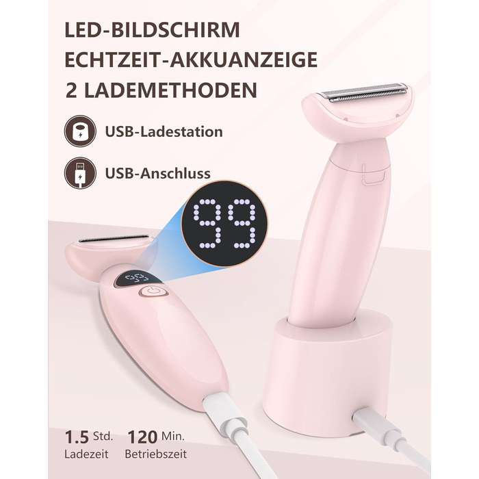 Електричний жіночий триммер 3-в-1 для тіла, обличчя, Bikinizone та ніг. Вологостійкий, USB-зарядка, білий (рожевий)
