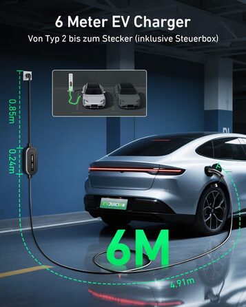 Кабель для зарядки електромобіля Evjuicion Typ 2 Schuko, 3.68kW, 6м, 16A, з індикатором, IP67, для ID.3/4, X1, 5ER, Model Y/3 та інших електромобілів
