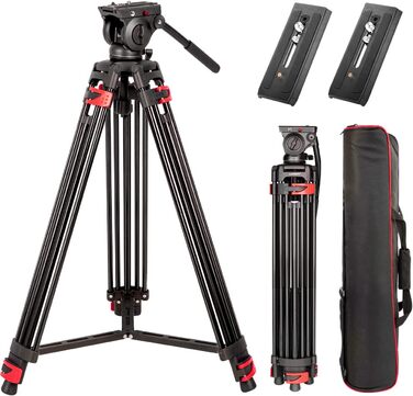 Штатив важкий 183 см, Lusweimi Професійний штатив для відеокамери з алюмінію, 2 швидкісні пластини, 360° Fluid-головка, середній розширювач, Макс. навантаження 7.7 кг