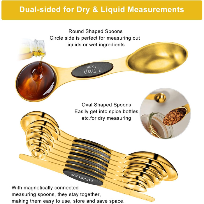 Gold-colored measuring cups and spoons, 15 pieces, 18/8 stainless steel, including 7 stackable metal measuring cups, 8 magnetic measuring spoons – ideal kitchen aids for cooking and baking