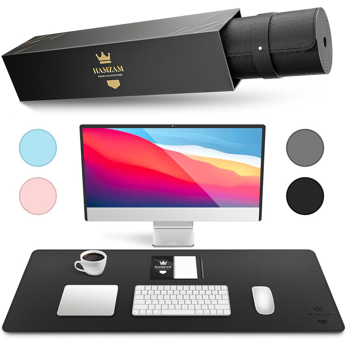Підкладка для столу HAMZAM з PU шкіри, 90x40 см - преміум якість, з інтегрованим ковриком для миші, чорна
