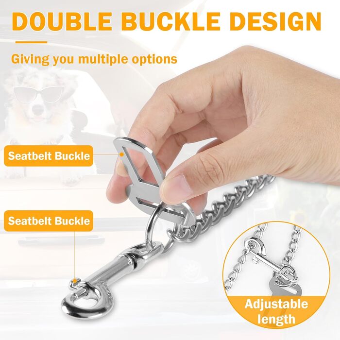 Нашийник для собак з ланцюгом, 53 см, автомобільний ремінь безпеки для собак, нержавіюча сталь 304, нашийник для собак, безпечний для маленьких/великих собак, котів