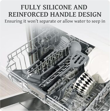 Набір кухонних аксесуарів Kikcoin 43 шт. - Силіконовий набір кухонних інструментів, безпечний для миття в посудомийній машині, лопатки для антипригарного посуду, 230°C, термостійкі кухонні помічники з підставкою, BPA-free, колір: авокадо (сірий)