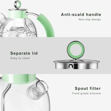 Електричний чайник ASCOT зі скла та нержавіючої сталі, 2200W, 1.5L, без BPA, тихий, швидкий, бездротовий, з захистом від сухого кипіння та автовимкнення, білий (світло-зелений)