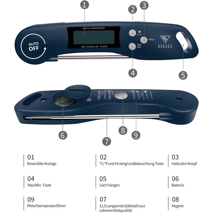 Цифровий термометр для м'яса DOQAUS: приготування на грилі, BBQ, варіння. Швидке зчитування, довга сонда, LCD-дисплей, автовимкнення