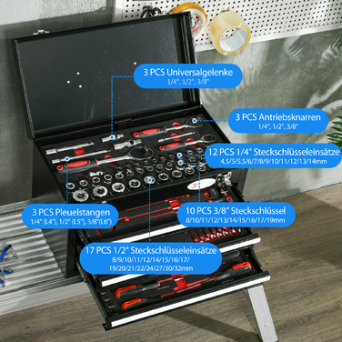 DURHAND Tool Case 116-Piece Tool Set with Filled Tool Box, Sockets, Ratchets, 3 Drawers, Steel Housing in Black