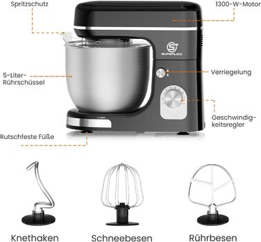 Кухонна машина SUPERLEX 3-в-1: міксер, тістоміс, блендер. 1300W, 5л чаша з нержавіючої сталі, 8 швидкостей, з набором насадок (крюк, вінчик, вінчик для збивання), захист від бризок. Для приготування тіста, випічки та десертів.