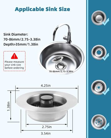 2 Pieces – 3-in-1 Kitchen Sink, Pop-Up Strainer #304, Stainless Steel, Drain Strainer with Handle Rod for US Standard 8.9cm Drain Filter, Clog-Free and Easy to Clean