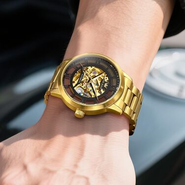 Чоловічий годинник OLEVS Tourbillon автоматичний механічний, люксовий класичний годинник зі сталевим ремінцем, водонепроникний, підсвічування (Золотий ремінець, чорний циферблат)