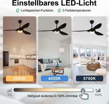 Стеляний вентилятор Reiga з підсвічуванням та пультом керування, 132 см, тихий реверсивний двигун, 6 швидкостей, таймер, регулювання яскравості та 3 колірні температури, коричневі лопаті (чорно-золотий колір)