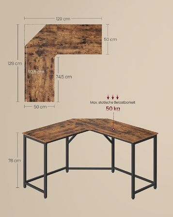 Кутовий письмовий стіл VASAGLE L-подібний комп'ютерний стіл, 140 x 140 x 74,7 см (Вінтажний коричневий + чорний)