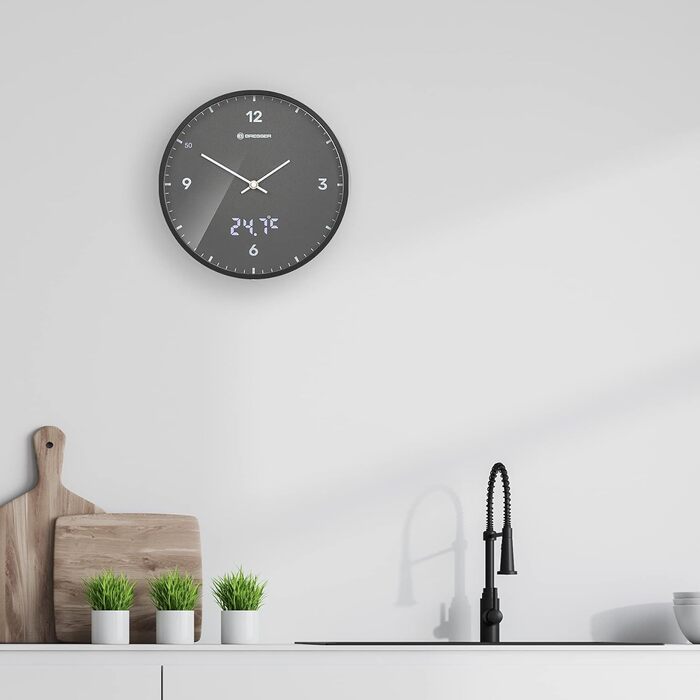 Bresser MyTime Radio-Controlled Wall Clock with Silent Movement, 24 cm Dial, LED Second Display, Indoor Temperature and Silent Radio Clock Movement, Grey