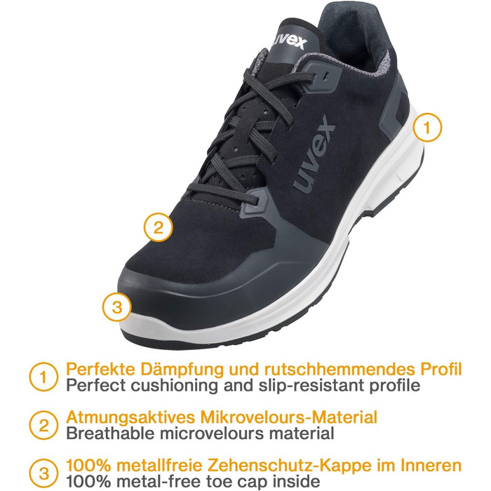 Робочі черевики Uvex 1 Sport S3L - Легкі, металонепроникні, антистатичні, неслизькі, з захистом від проколів, дихаючі, чорні 47 EU