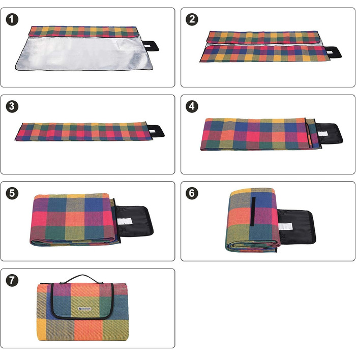SONGMICS Плед для пікніка 195x150 см, вологостійкий, для парку, саду, пляжу, червоно-зелено-оранжевий, згинається, машинного прання, GCM50K