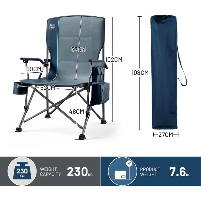 Складний туристичний стілець Timber Ridge XXL (230 кг) з широким сидінням (62 см), високою спинкою, підстаканником та міцними підлокітниками для кемпінгу, пікніка, саду та балкону (Блакитний, 1 шт)