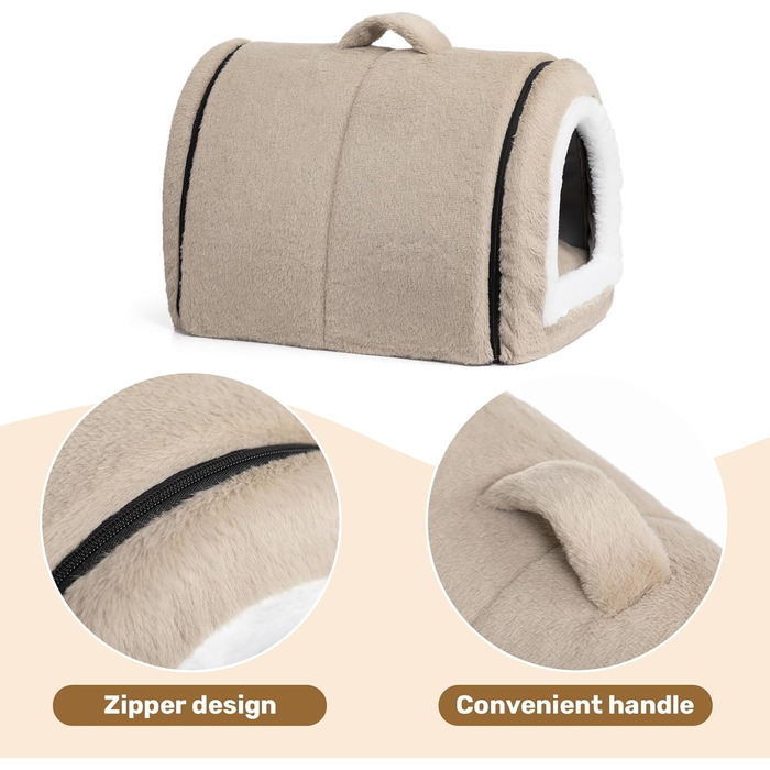 Hollypet Cat Bed, Small Dog Bed, 2-in-1 Foldable Plush Pet Bed for Cats & Small Dogs, Cozy and Soft Pet Cave Bed for Indoor Outdoor, Light Brown
