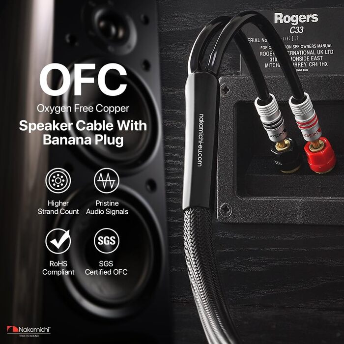 Акустичний кабель Nakamichi 12AWG з банановими роз'ємами 24K золото, 3м, безкиснева мідь (OFC), в обплетенні, для домашнього кінотеатру та підсилювача — Чорний