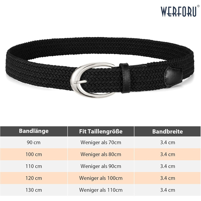 Жіночий/Чоловічий плетіний еластичний ремінь WERFORU для джинсів та штанів (110 см, чорний з срібляною пряжкою)