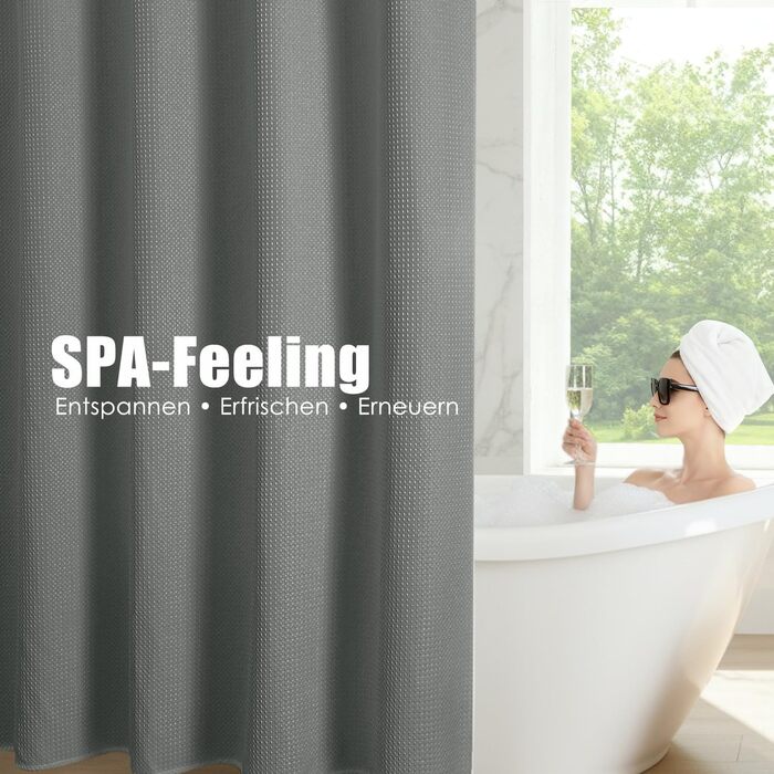 Водонепроникна штора для душу вафельна, 180x190 см, 260 GSM, сіра. Преміум-якість, анти-грибок, з металевими люверсами