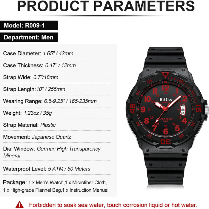 HANPOSH Чоловічий годинник: аналоговий кварцовий годинник для чоловіків з датою, водостійкий 50M, з силіконовим ремінцем, чорно-червоний дизайн