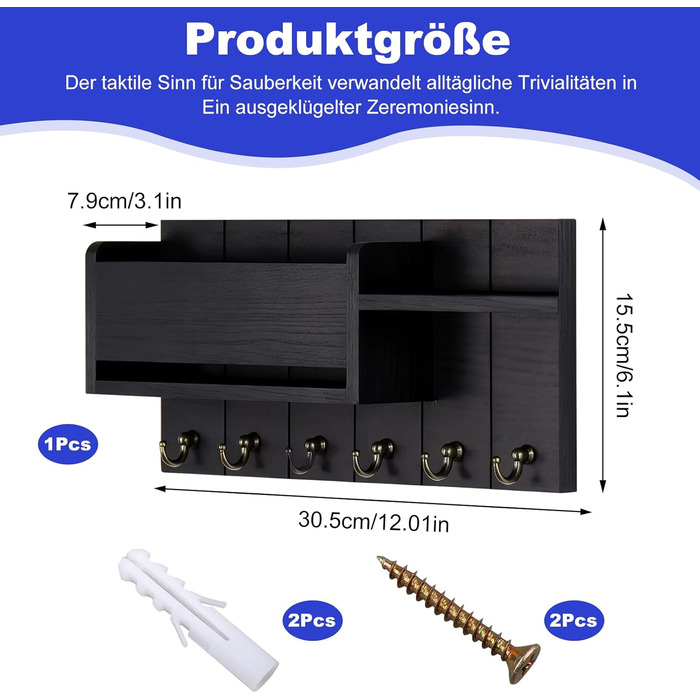 Дерев'яне ключниця з полицею, органайзер для ключів на 6 гачків, декоративна полиця для ключів з 4 шурупами для прихожої, входу, спальні