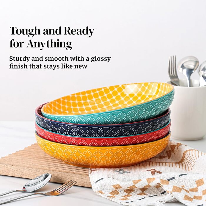 Набір глибоких тарілок DOWAN (4 шт.) Ø 25,2 см, кераміка, 1480 мл. Ідеально для супу, пасти, салату. Яскраві кольори.