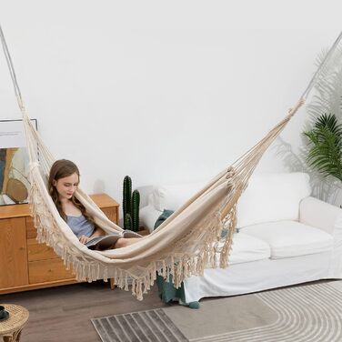 Гамак Boho для двох осіб, до 204 кг, з чохлом, бежевий, для саду, патіо, дому, вуличний
