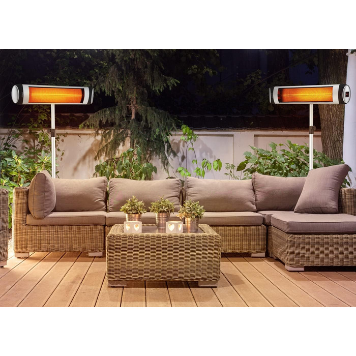 Інфрачервовий обігрівач MONZANA® MZH2501 з таймером, 2500W, 3 режими, 24 год, пульт ДУ, кут нахилу 90°, електричний, для тераси (сріблястий, з телескопічним штативом)
