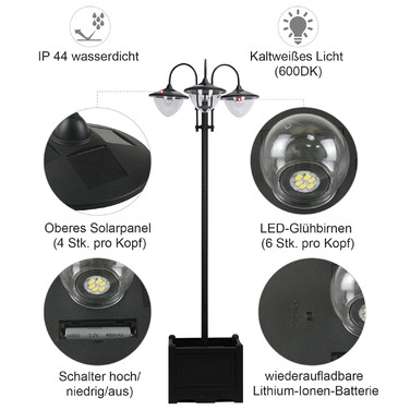 Outsunny Solar Light Garden Light 3-Head Lamp with Flower Pot Base, Waterproof, Stainless Steel, 60x55x189cm | Aosom