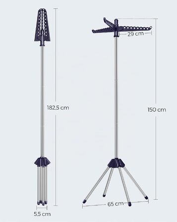 Сушарка для білизни SONGMICS BUNJI LLR510W01V1: складана стійка з нержавіючої сталі з 3 поворотними рукавами, 65x65x150 см, біла/синя