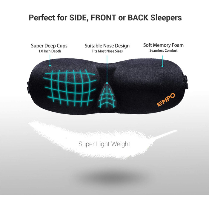 Маска для сну EMPO з м'якої пам'яті (Memory Foam), 3D, з регульованими ремінцями та берушами