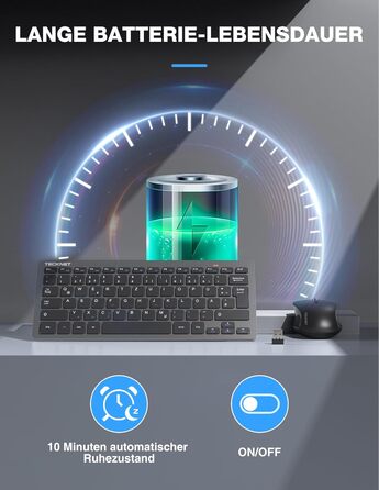 TECKNET Бездротовий Набір Клавіатури та Миші, QWERTZ, 2.4 GHz, 15м, Безшумна Клавіатура та Миша для ПК, Ноутбука, Smart TV, Білий (Сірий)