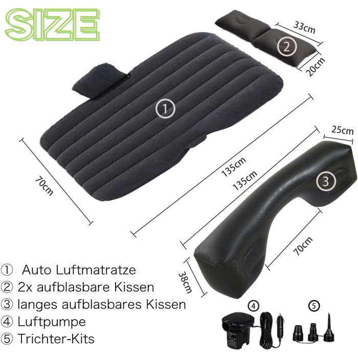 Надувний матрац Auto, чорний, з двома подушками та насосом. Ідеальний для кемпінгу, відпочинку та тематичних вечірок. Пряма форма.