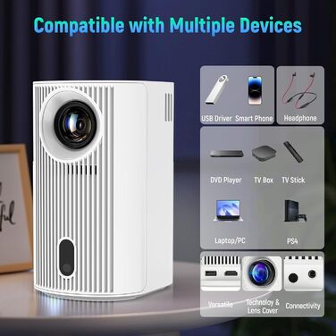 Портативний проєктор Mini Beamer: 4K, 1080p, WiFi 6, Bluetooth 5.4, Auto Keystone, 200 дюймів, сумісний з ноутбуками, смартфонами та TV (Weiß-P6)
