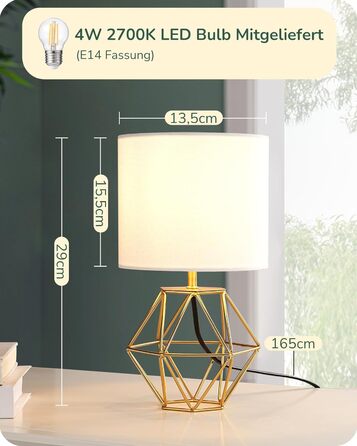 EDISHINE Настільна лампа, сучасний індустріальний дизайн, цоколь E14, вінтажний стиль, для спальні/вітальні, білий/золотий лін, золото