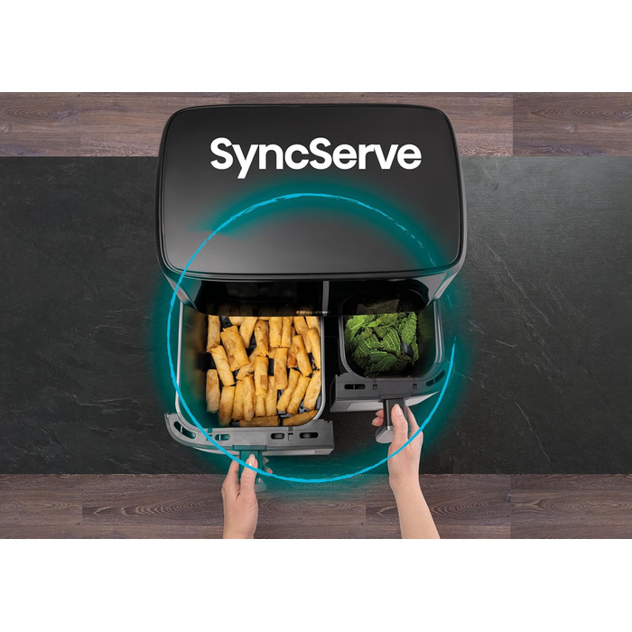 Фритюрниця повітряна Hisense HAF2700DCD, 2700 Вт, 11 л, 8 програм, антипригарне покриття, дисплей, енергоефективна, SyncServe, чорний, подвійний кошик