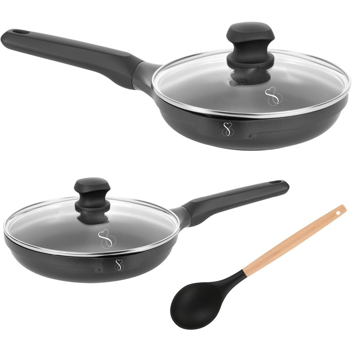 Набір сковорідок Stone&Stone (4 шт.): 20, 24, 28, 32 см | Антипригарне покриття, індукція, газ | Алюміній, сталь, німецьке покриття, без PFAS | + 4 кришки, 4 аксесуари