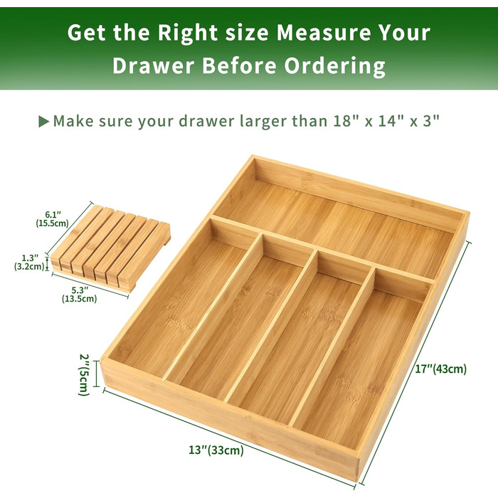 VaeFae Bamboo Cutlery Organizer, Utensil Holder for Drawer, Wooden Cutlery Tray with Divider for Kitchen, Cutlery Storage and Removable Knife Block