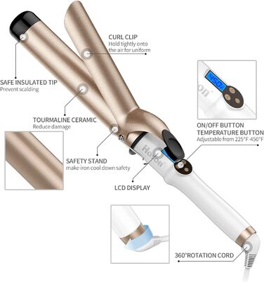 Hoson Lockenstab Pro Curl: професійний плойка для волосся з керамічним покриттям та турмаліном, LCD дисплей, 9 температурних режимів (110-210°C), рукавичка, діаметр 38 мм, для всіх типів волосся